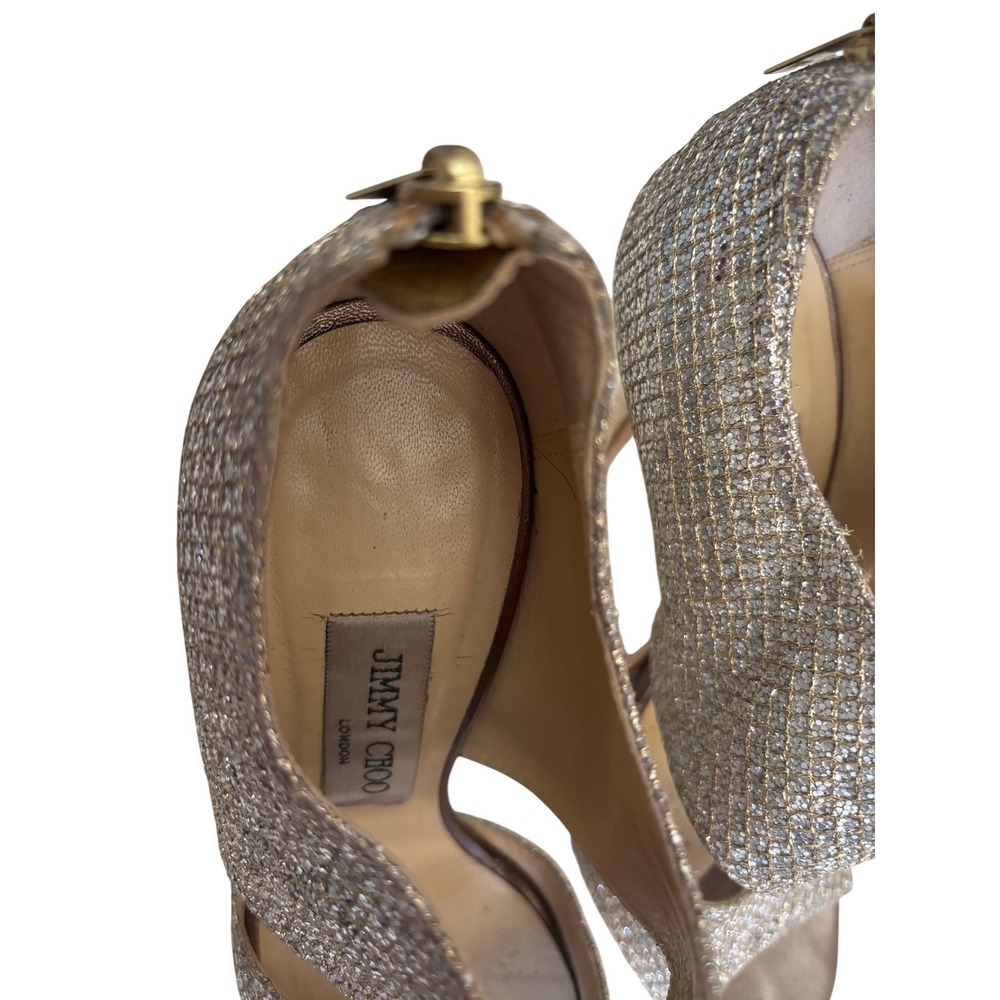 Jimmy Choo Champagne Glitter Peep Toe Platform Sandals Ankle Zip Heels 37.5 - Picture 8 of 13